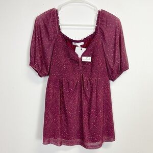 DR2 Daniel Rainn Blouse Womens XS Red Maroon Floral Smocked Stretch NWT